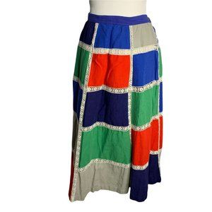 Vintage 70s Handmade Patchwork Midi Skirt M/L Multicolored Lace Button Pocket